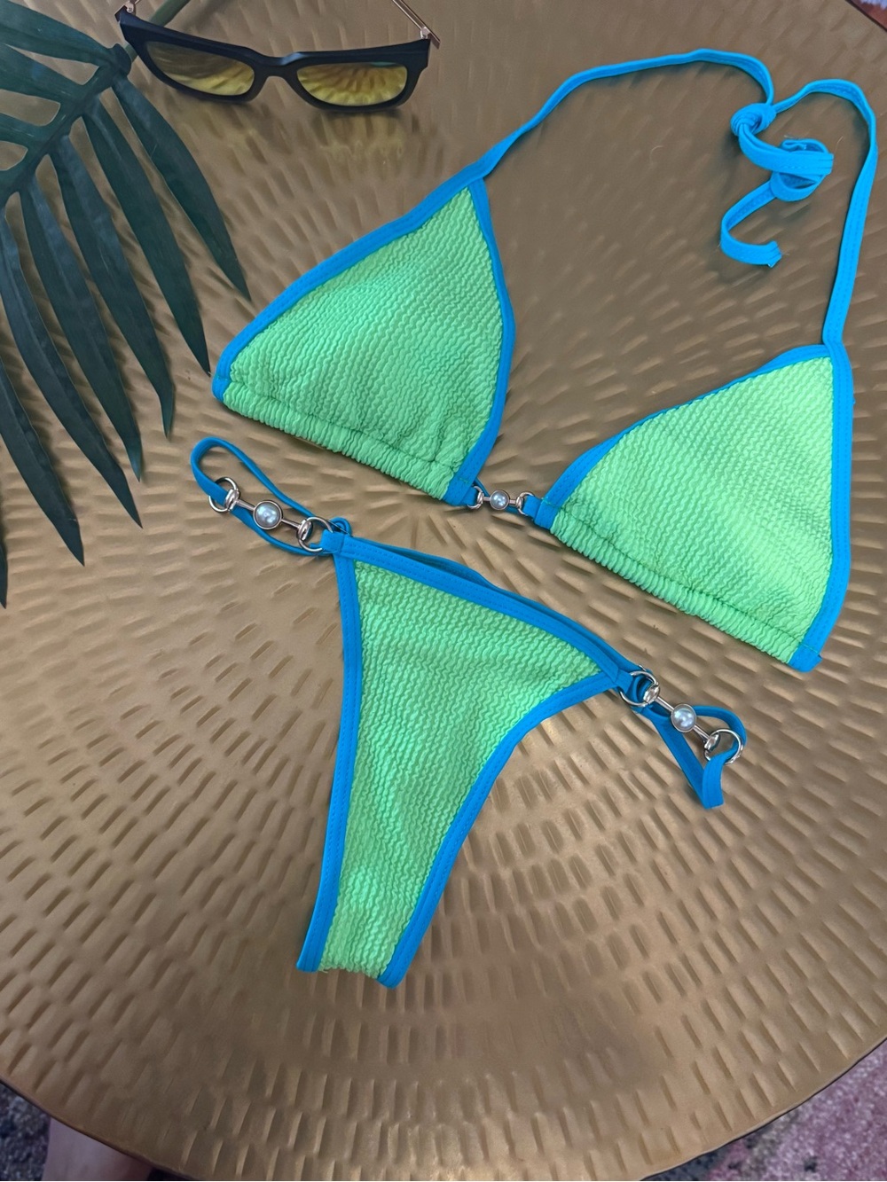 Wet Dreamz Hawaii Green Textured Bikini With Gold and Pearl Accents